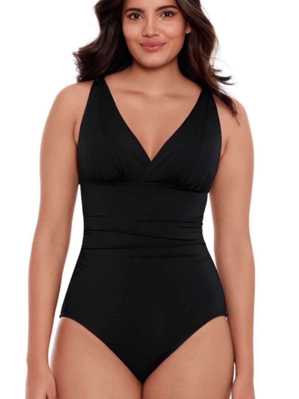 Time and Tru Black V-Neck Ruching One-Piece Swimsuit S (4-6)